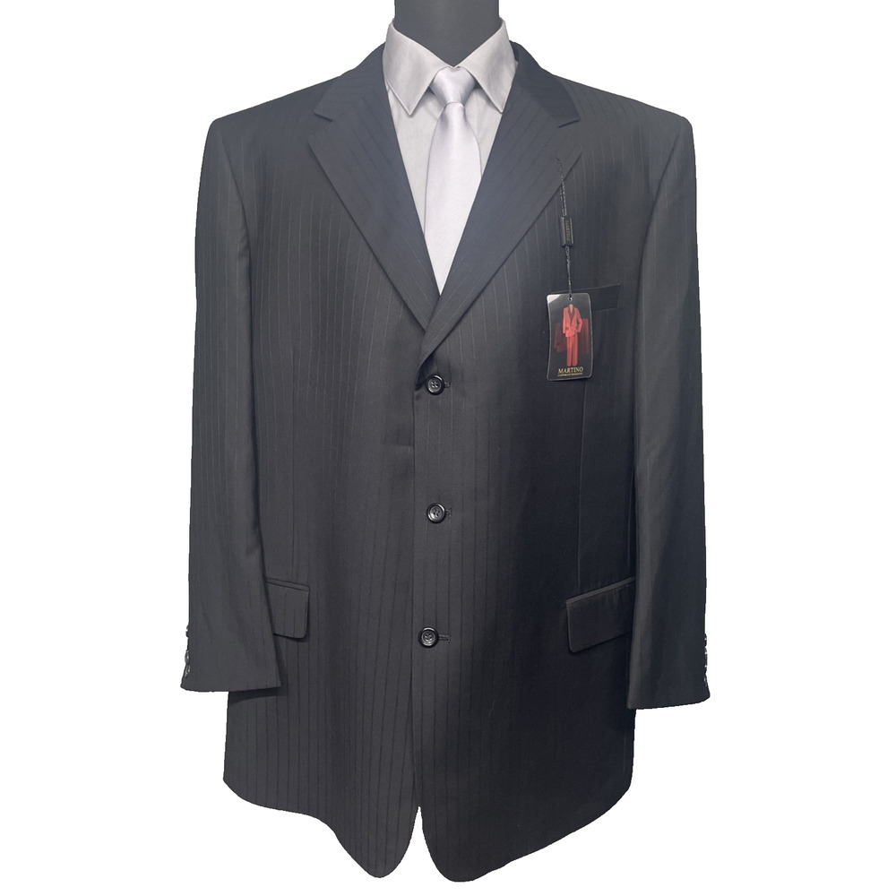 NWT Martino Men 48L Black Pinstripe Longline Blazer 3 Button Front Classic Sharp